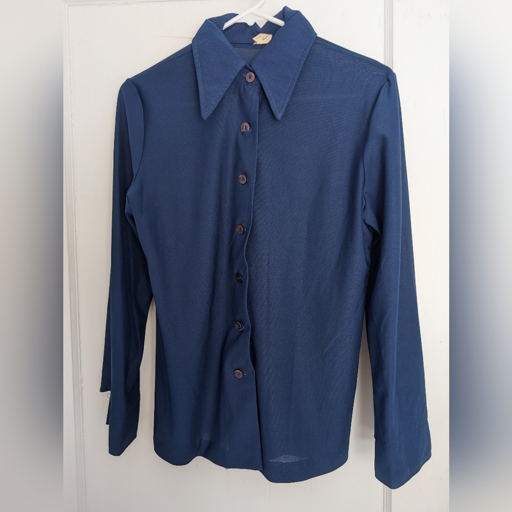 Vintage 1970s dagger collar blue blouse